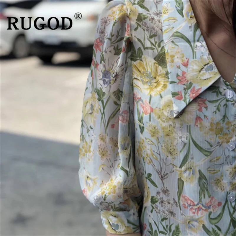 RUGOD в Корейском стиле с цветочным принтом шифоновые блузки Дамская Мода отложной