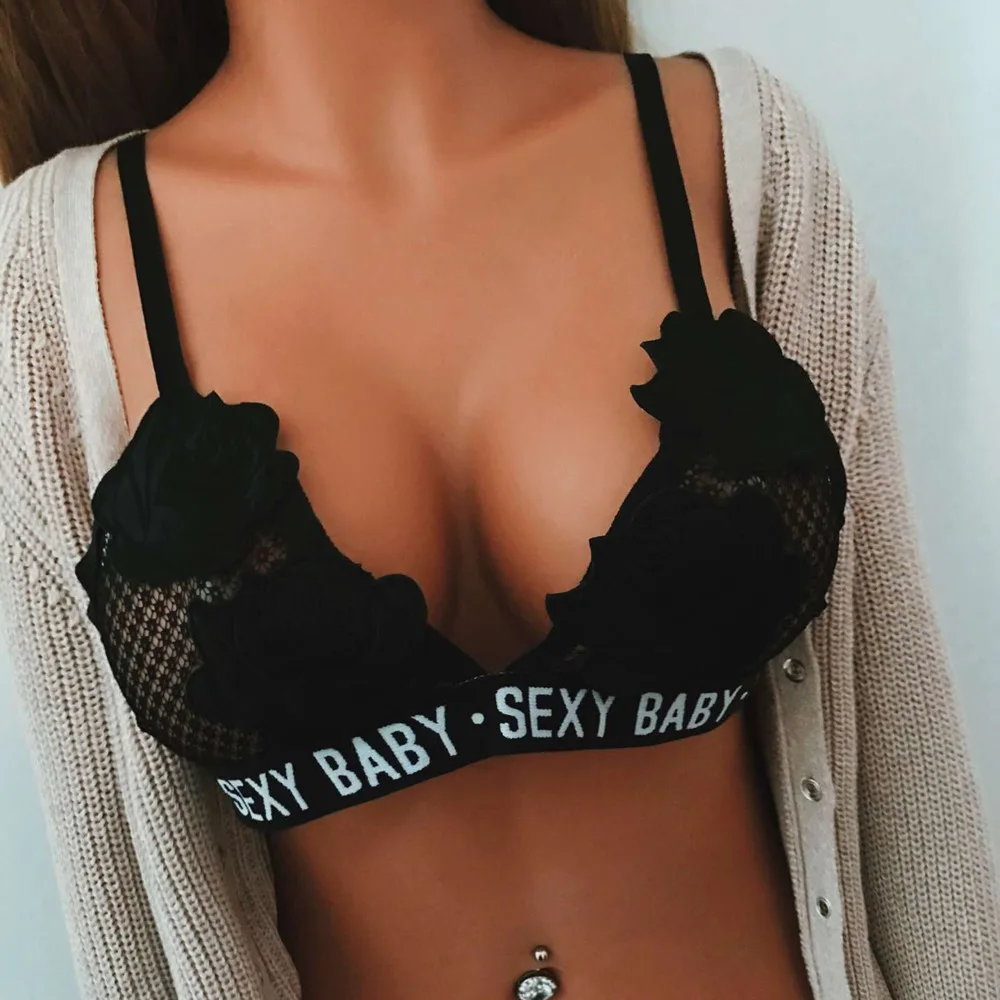 2017 Для женщин Sheer Кружево Роза письмо prinrt пикантные повязка Bralette Bra неприкрытая