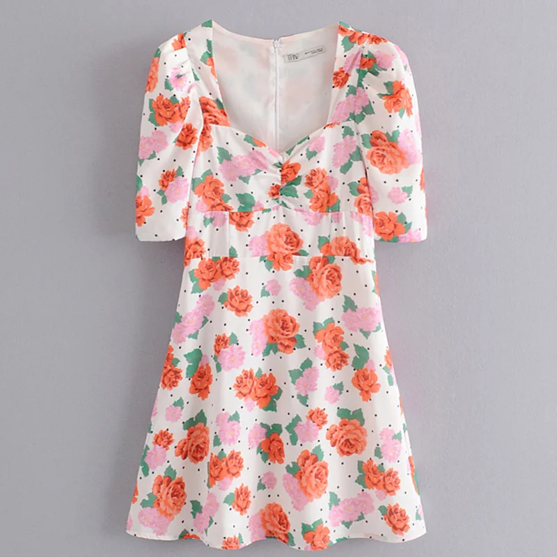 

Fandy Lokar Floral Printed Dresses Women Fashion Mini Puff Sleeve Dress Women Elegant Square Collar Dress Female Ladies GP
