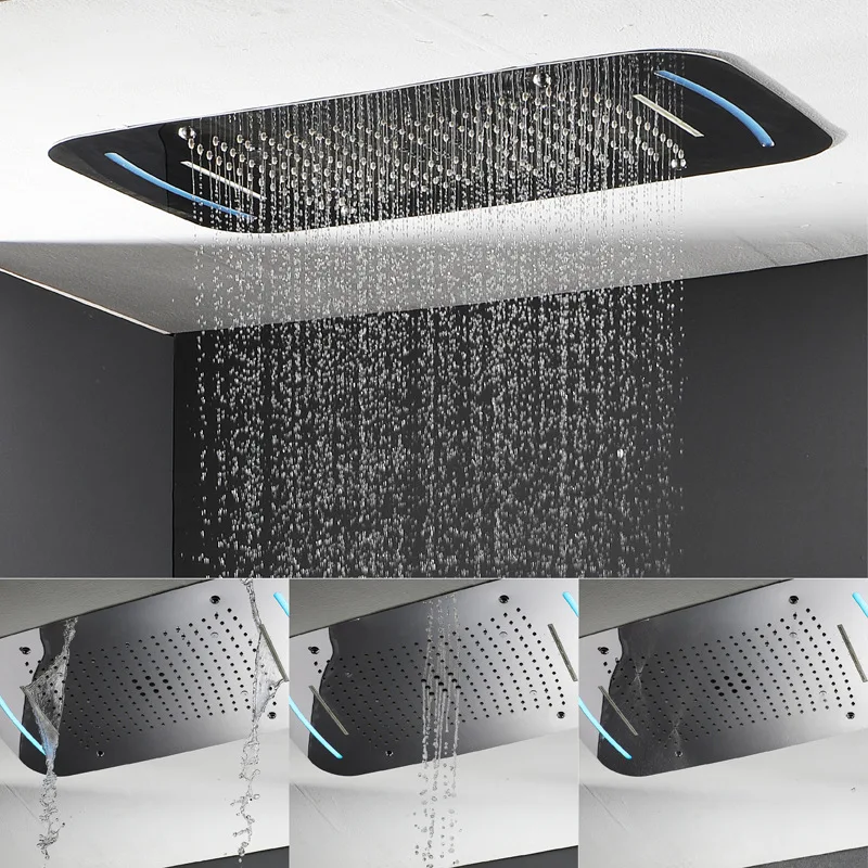 Bathroom Shower Set Thermostatic Mixer Shower Faucets LED Ceiling Rainfall Showerhead Misty Rain Shower Waterfall With Slide Bar