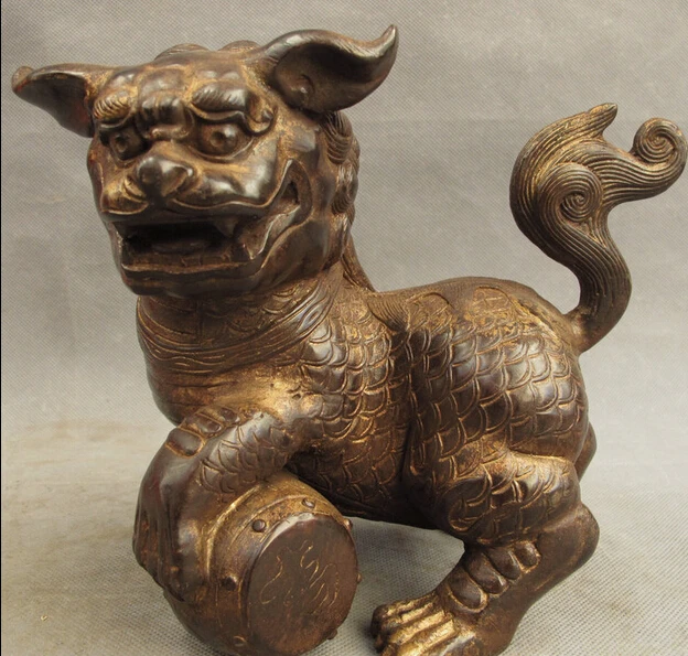 

JP S0114 Folk Chinese Classic Bronze Gilt Guardian Expel Evil Foo Fu Dog Lion Drum Statue B0403