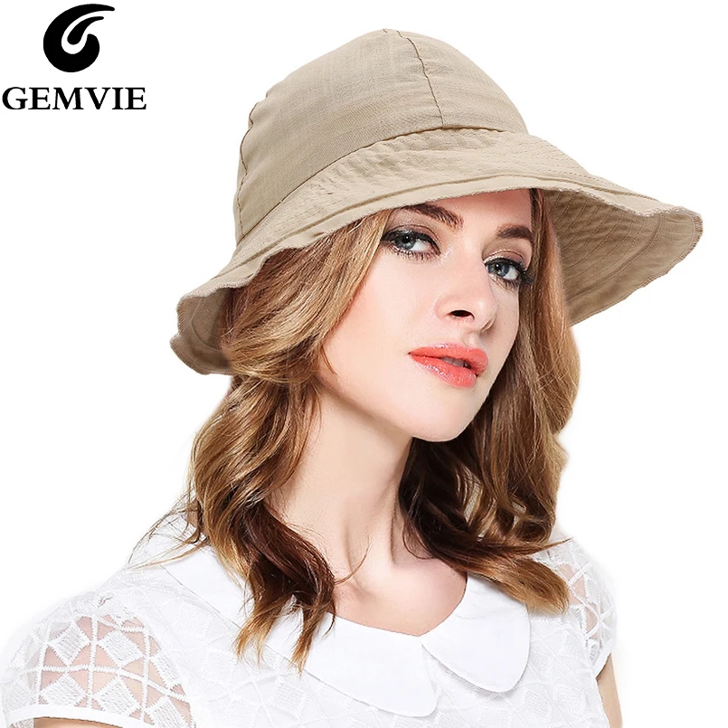 

GEMVIE New Trendy Thin Cotton Foldable Bucket Hat Summer Hat For Women Solid Beach Cap Breathable Wide Brim Fisherman Sun hat