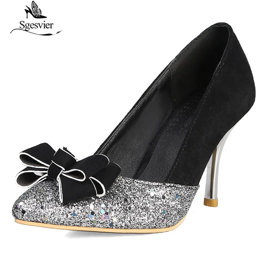 

SGESVIER 2019 Summer Ladies Shoes Bowtie Lolita Black Pink Thin High Heels Womens Shoes Plus Size Ladies Office Party Pumps G301