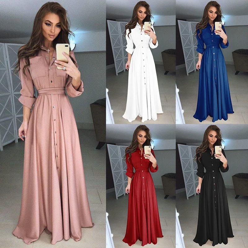 

Summer Autumn Office Lady Turn-Down Collar Button Long Sleeve Shirt Dress Plus Size 5XL Women Solid Belted A-line Casual Dress