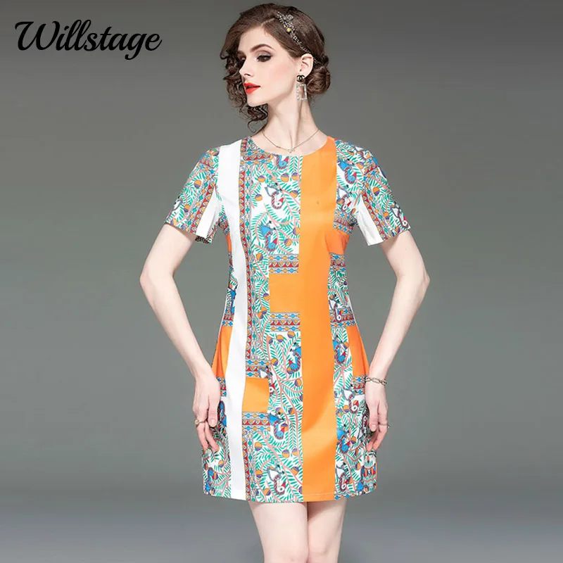 Willstage Лето 2019 г. Платье с принтом короткий рукав элегантный трапециевидной формы сарафан вечерние партии узор геометрический лоск