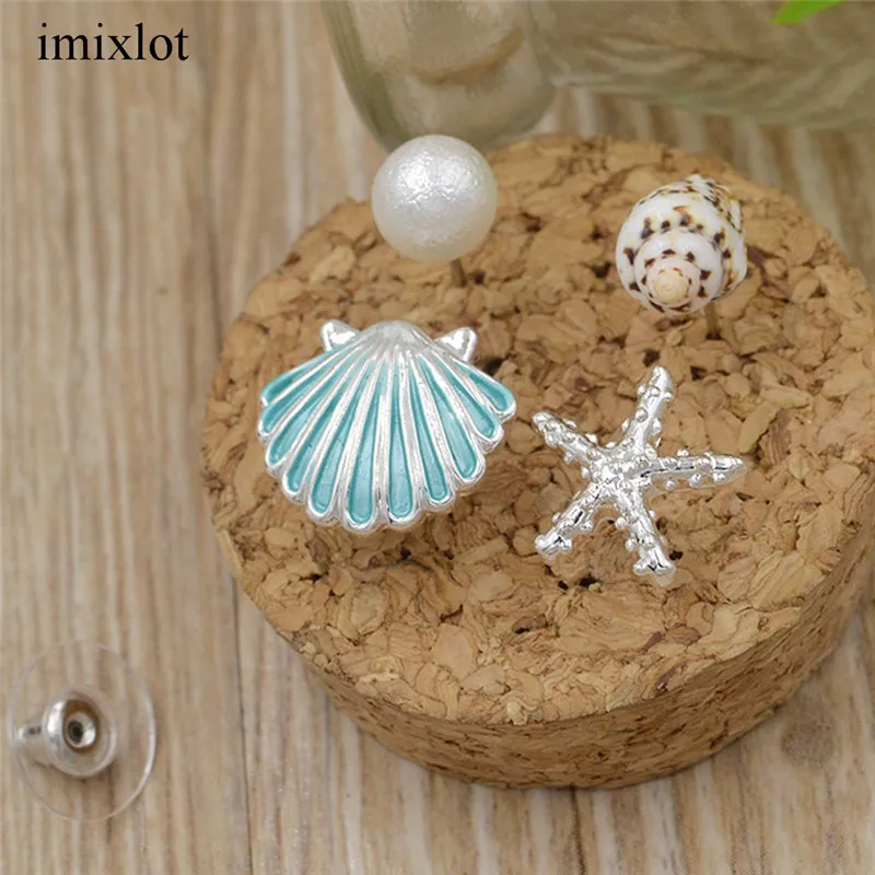 

imixlot 1 Set Ocean Style Pink/Blue/White Color Small Shell Sea Star Conch Stud Earrings Fashionable Girls Jewelry Accessories