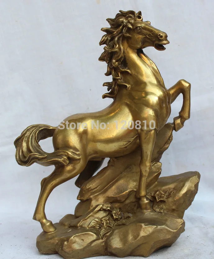 

11" Chinese Folk Brass Fengshui Zodiac Year success War Horse Rock Statue