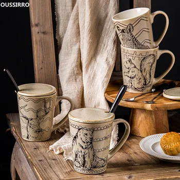 

OUSSIRRO European style Mug Simple Animal Pattern Ceramics coffee Mugs Lid and Spoon Christmas Gift for Friends