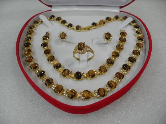 

Beautiful virgin Very chic trend Women's Fashion 18KGP Tiger Eye necklace & Bracelet & Earring & Ring Set 2365