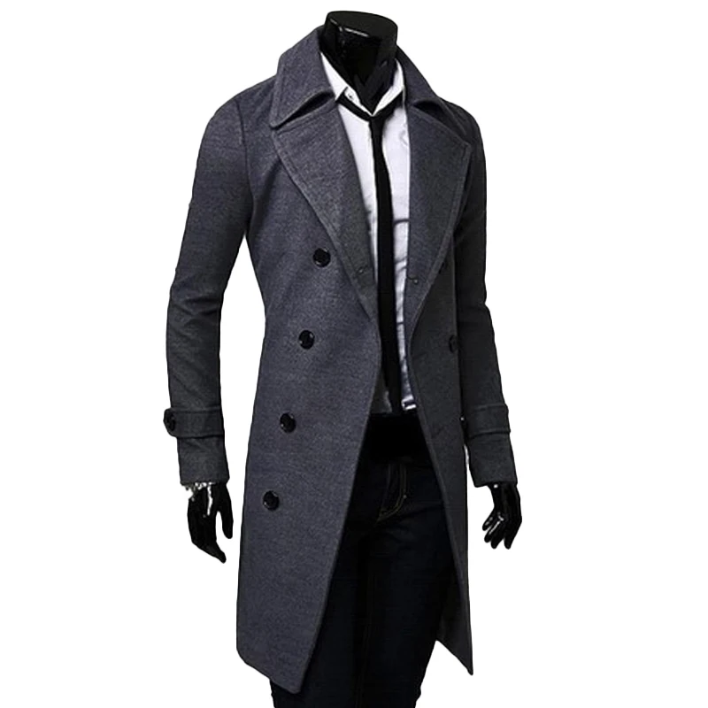 Men Military Business Outerwear Long Wool Coat Double Breasted Trench ...