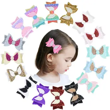 

free shipping 30pcs New 3.5 Inch Glitter Princess Hair Bows Cute Sequin Angel Wings Bows Hair Clips for Girls Kids Hairpin