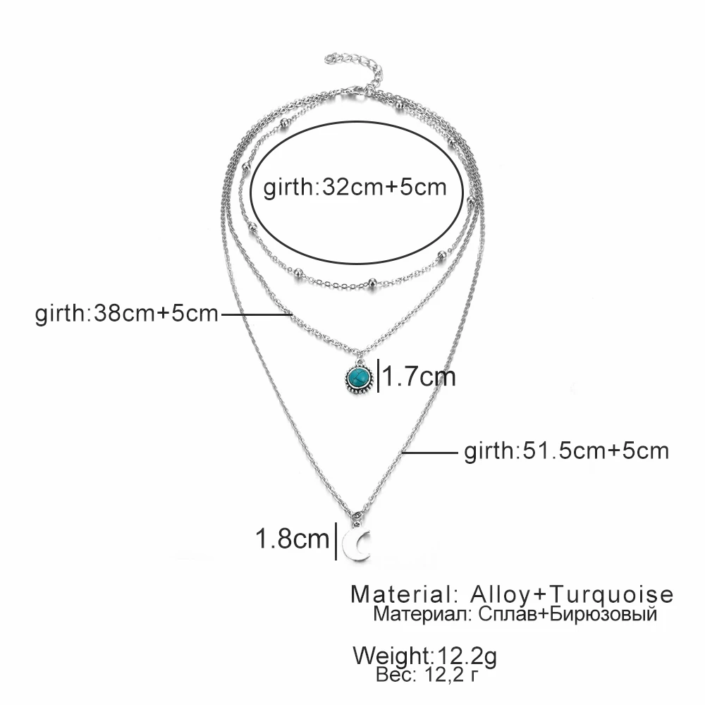 Винтажные серебряные Многослойные женские ожерелья с Луной, ожерелье с кулоном из зеленого камня в стиле бохо, модное ожерелье-чокер из бисера, украшение на воротник