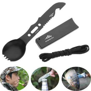 

4 in 1 Outdoor Tableware Camping Cutlery Fork Spoon Knife Bottle Opener Whistle Portable Multi-function Picnic Survival Tools