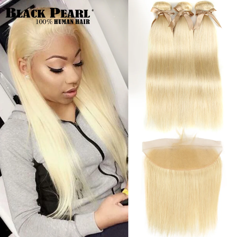 

Black Pearl Honey Blonde Bundles With Frontal Closure Brazilian Straight Remy Human Hair Weave 613 Bundles With Frontal