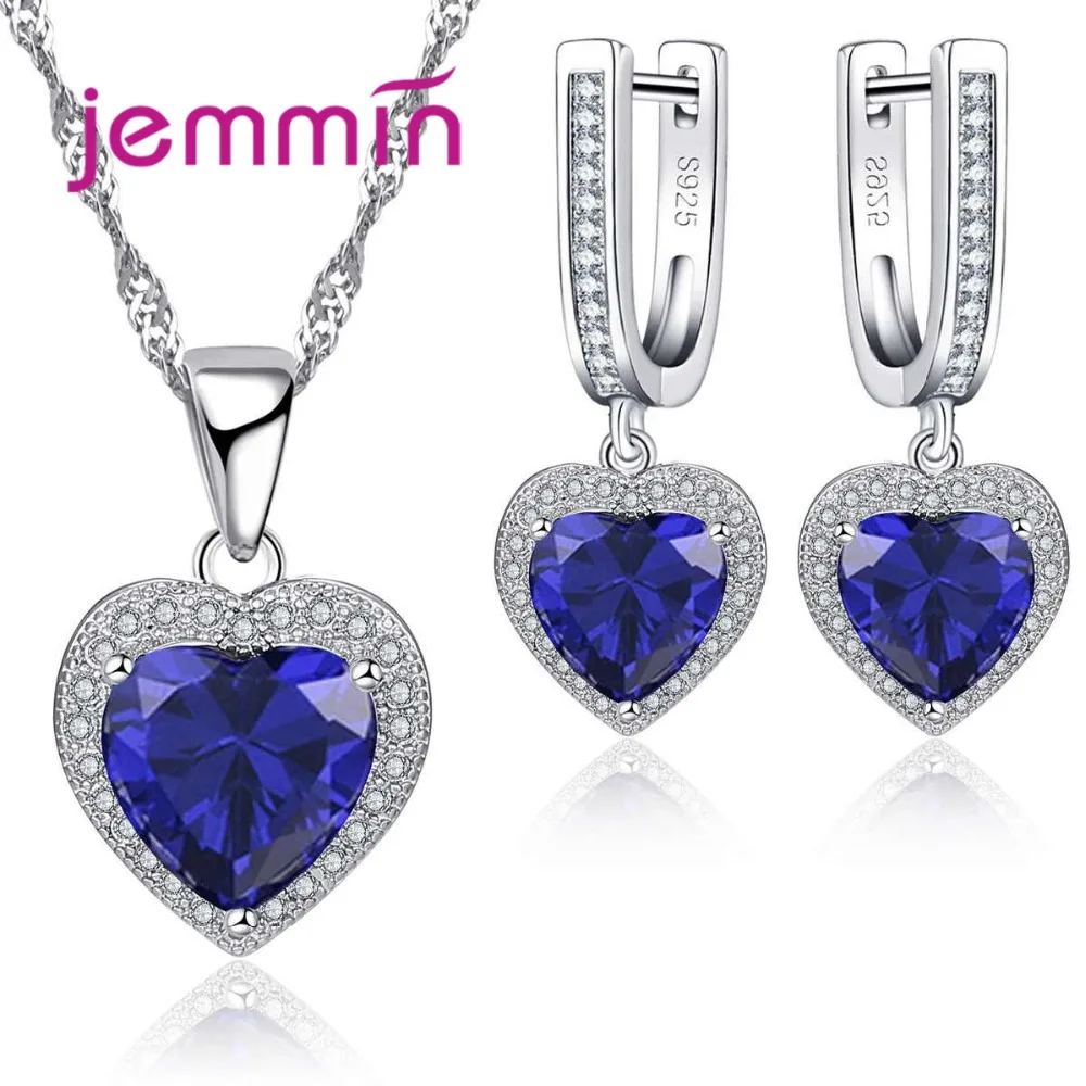 

Jemmin Luxury Women Sapphire Jewelry Necklace Earrings Sets Elegant Heart Design for Women Wedding 925 Sterling Silver Bijoux