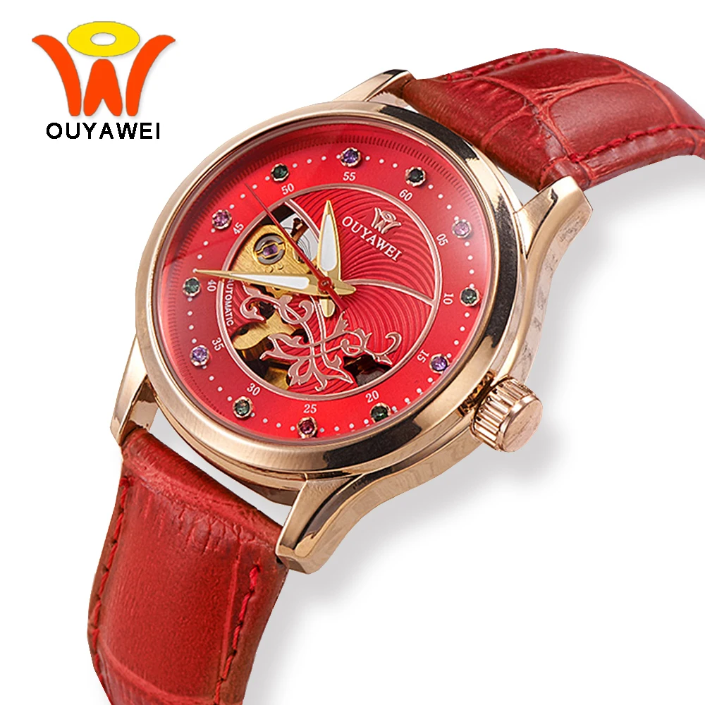 OUYAWEI Red Mechanical Watches Women Skeleton Automatic Watch For