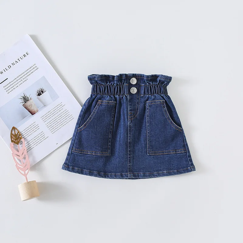 Детская юбка новая модная повседневная джинсовая юбка для девочек на весну и осень синяя эластичная юбка с карманами на пуговицах для малышей