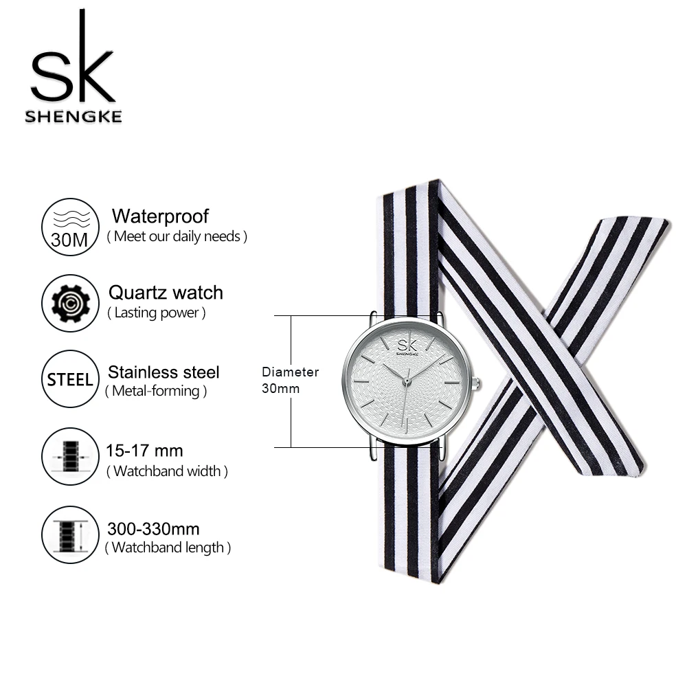 Женские часы Shengke Серебристые с ремешком классические тканевые Часы Montre Femme Zegarek