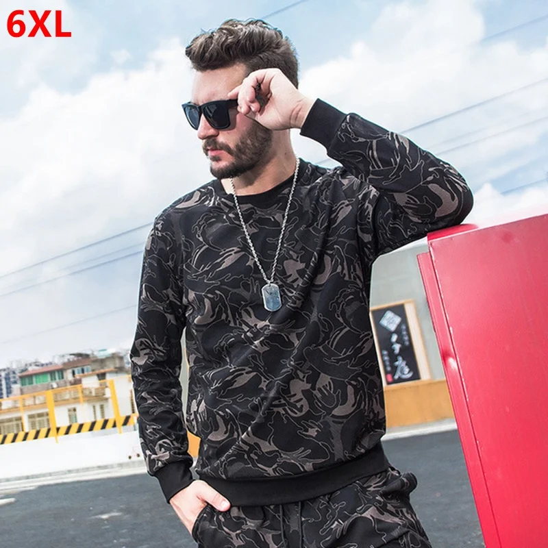 

Large size round neck pullover men's spring Sweatshirt men's loose fat plaid print long sleeve shirt autumn 6XL