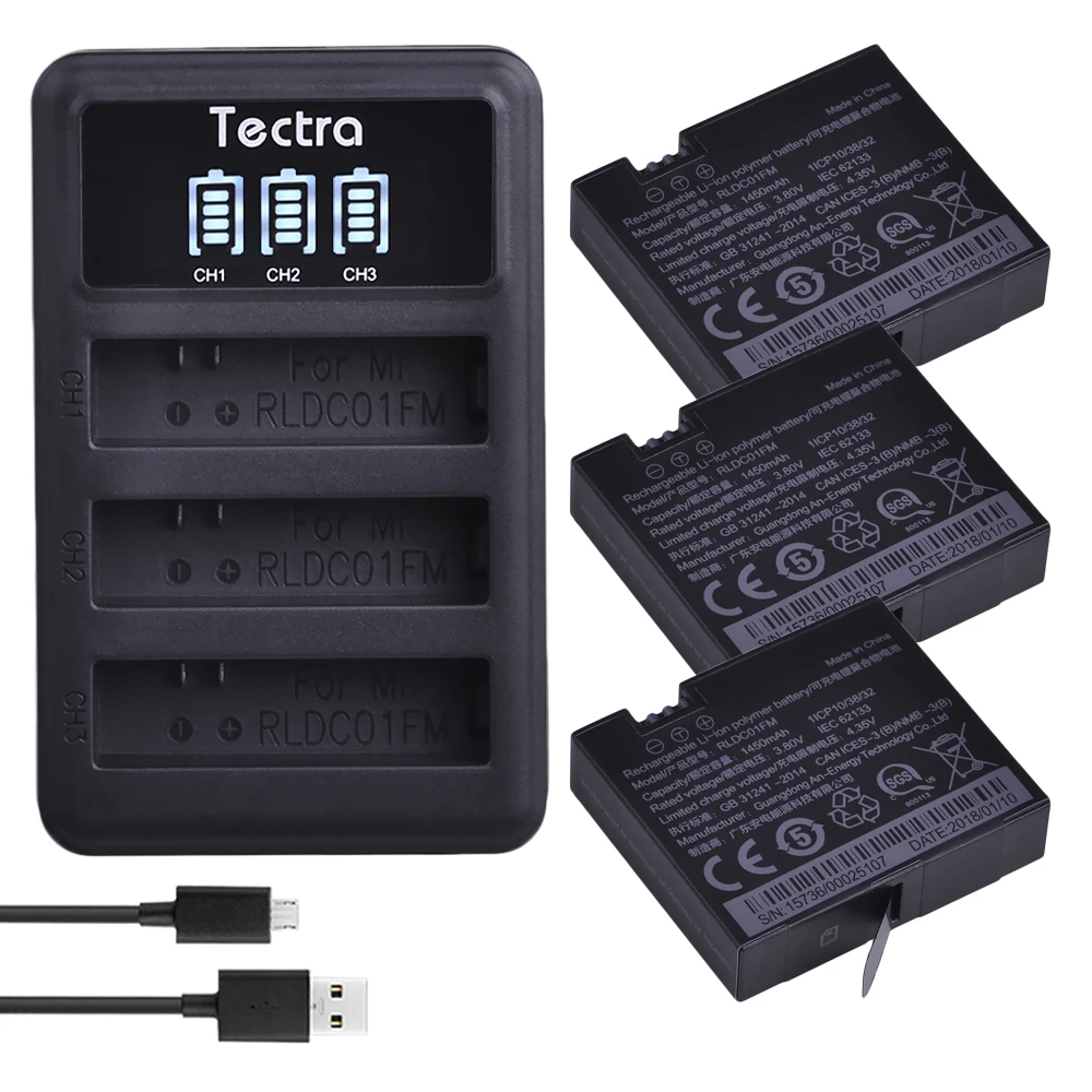 Kaufen Tectra 3 stücke 1450 mah Original mi jia 4 karat Batterie + LED 3 Slots USB Ladegerät für Sport Xiao mi mi Jia Action mi ni Kameras Batterie