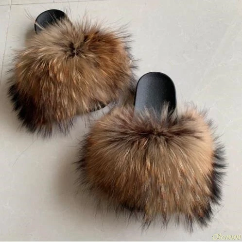 

Wholesale 100% Real Fox Slippers Kids Winter Fur Child Home Slides Girls sliders Raccoon Fluffy Chinelo Flats Beach Summer