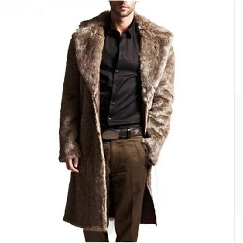 Vintage Men Fur Coats Winter Long Casual Windbreaker Slim fit Men Faux