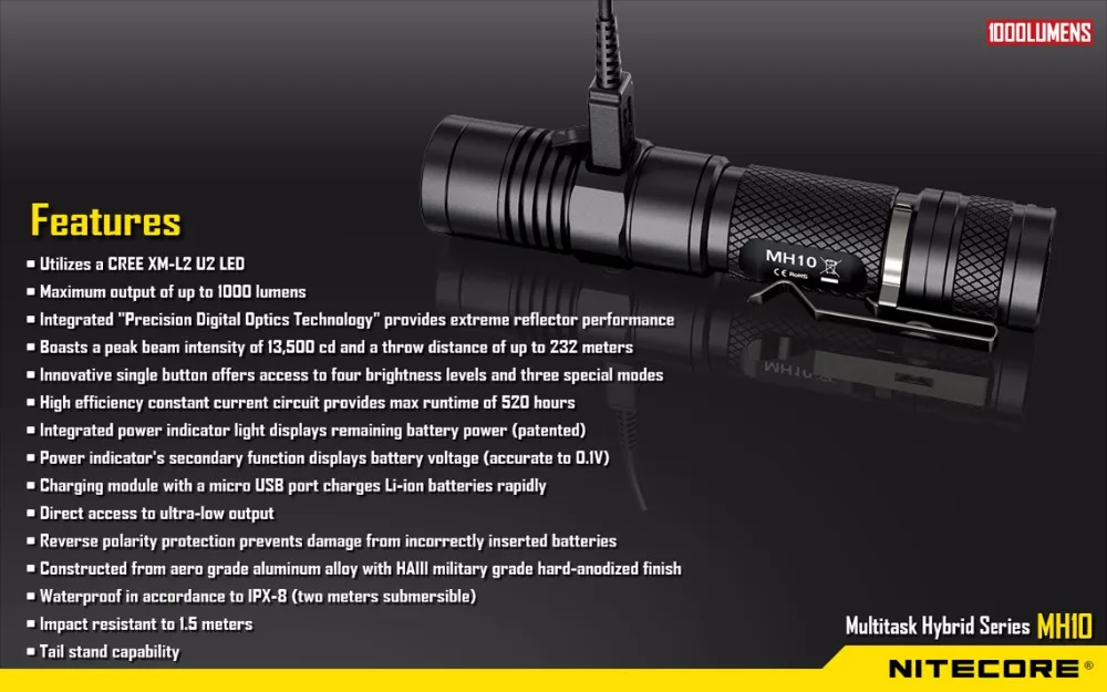 USB Перезаряжаемый фонарик NITECORE MH10 7 режимов Макс. 1000 lume дальность луча 232 м уличный фонарик+ 18650 2600 мАч батарея
