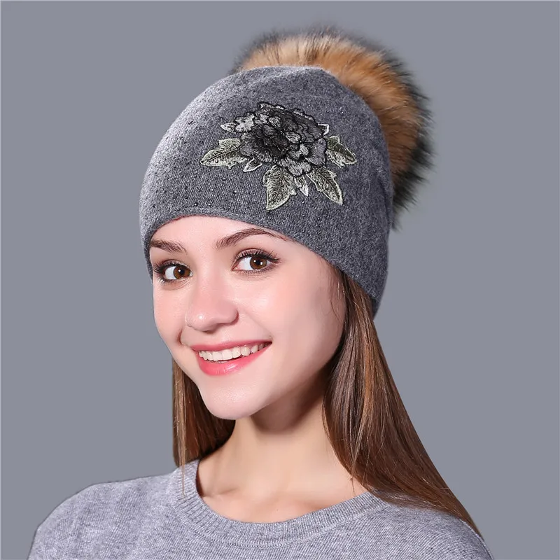 mink fur gray Xthree зимняя женская шапка, шерстяная вязаная шапка, женская шапка, шапка с вышивкой, натуральный мех норки, помпон, шапка Skullie для девочек - Цвет: mink fur gray