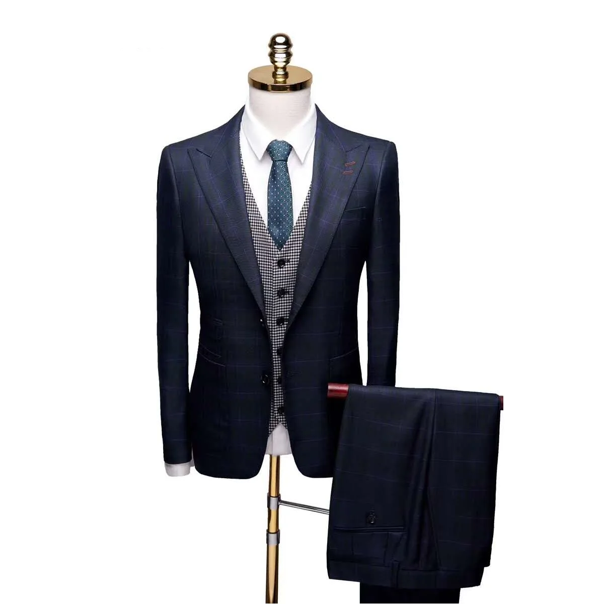 Синий элегантный клетчатый костюм Мужская куртка с брюками жилет 2 шт Свадебные костюмы для мужчин Slim Fit бутик для официального торжества выпускного вечера костюм - Цвет: 3