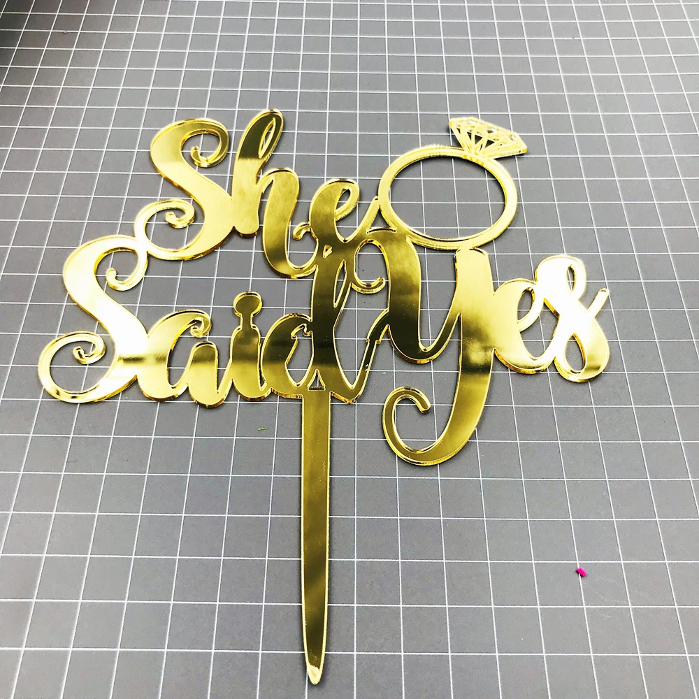 Mirror Gold Acrylic with She Said Yes  Engagement Ring Wedding Cake Topper Silhouette Wedding Decoration Cake Accessorry