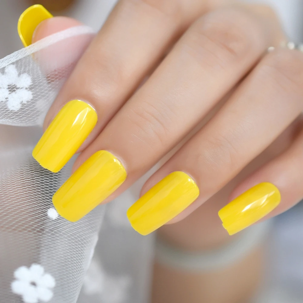 

Solid Pure Lemon Yellow Fashion Fake Nail Tips UV Gel Full Cover Acrylic Artificial False Press On Nails 24pcs/kit