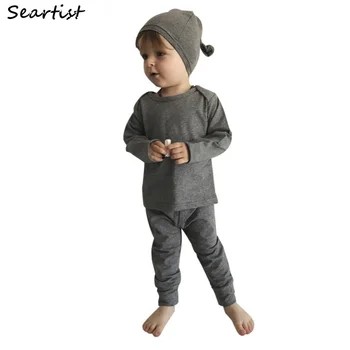 

Newborn Clothing Sets Infant 3 Pcs Sets T Shirt +Pants+Hats Baby Boys Autumn Plain Color Gray Clothing Set 2019 New 45