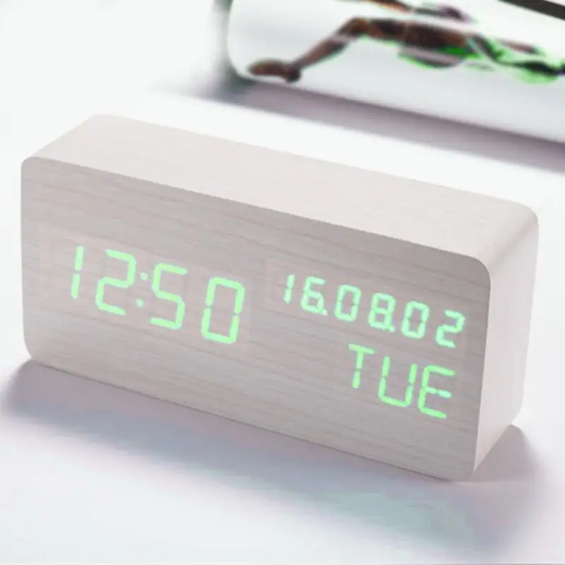 LED Cube Wooden Clock Voice Control Electronic Desk Table Clock LED Digital Watch no Radio For Kids Bedside Alarm Clock