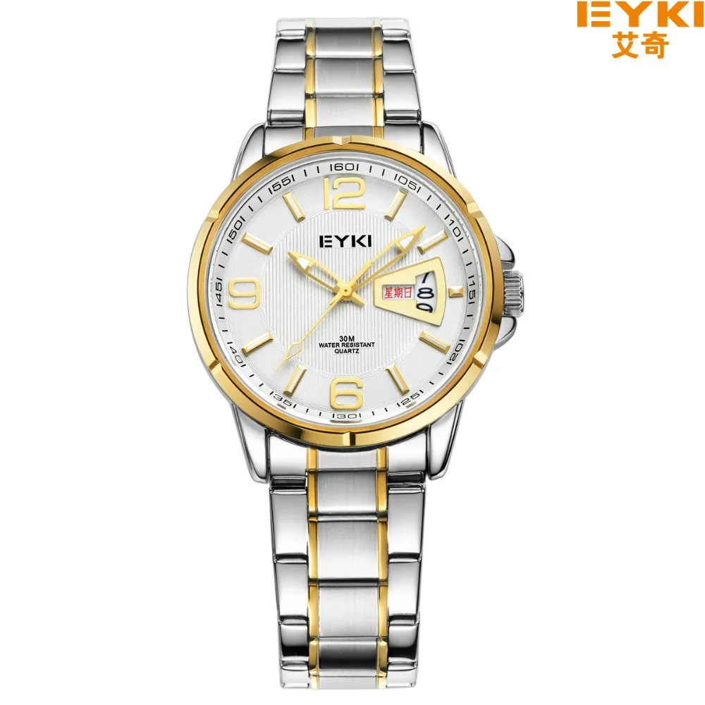 Brand EYKI 30M Waterproof Business Stainless Steel Wristwatch with Calendar and Week Large Digital Scale Men