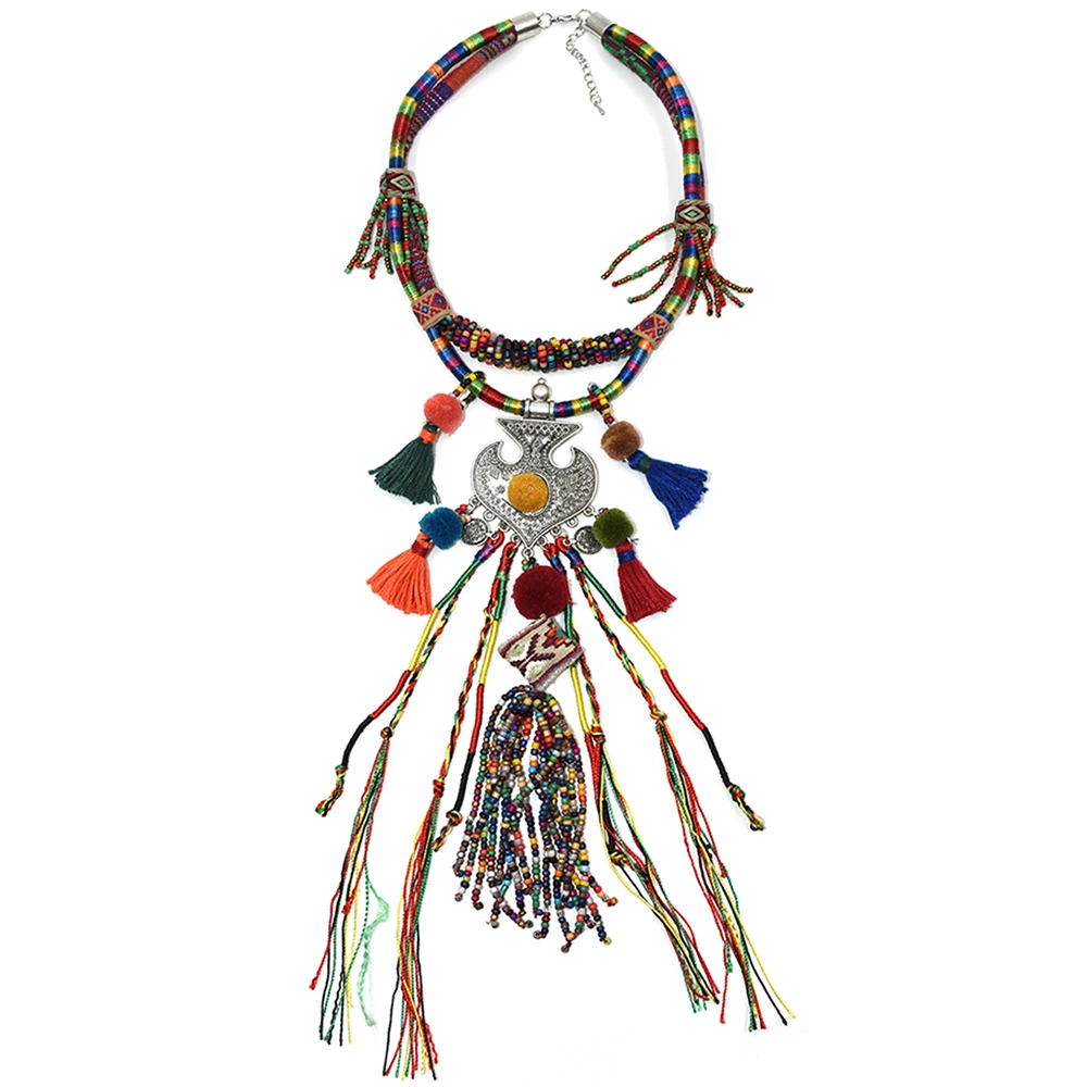 2017 New Bohemian boho ethnic beaded tassel choker Necklace handmade colorful beads long fringe Anchor Pendants Necklace