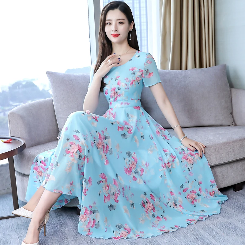 

Women Floral Print Chiffon Dresses Summer 2019 New Fashion O-neck Short Sleeve Beach Lady Party Dress Feminino Vestidos