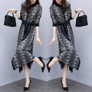 

2018 Autumn New Large Size Midi Dress Floral Print Sashes Dress Women High Waist Thin Dress Elegant Stylish Vestido De Festa