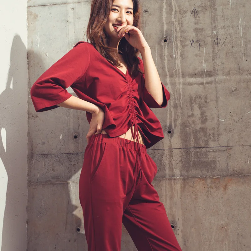 

New Spring Knitted Cotton Red Three Quarter Pajamas Pants Leg Open Fork Leisure Home Suit V-Neck Women Pijama Solid Sleepwear pj