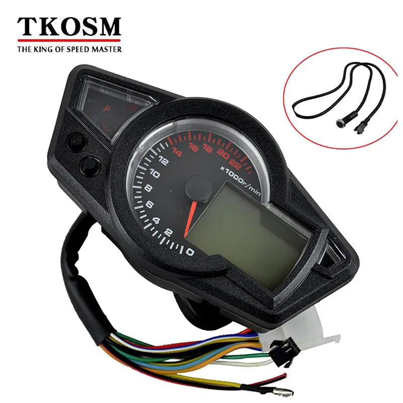 

TKOSM 12V DC MPH/KMH Motorcycle LCD Digital Odometer Speedo Meter Tachometer Instruments Backlight Tire Size Adjust 22000RPM