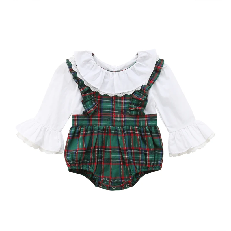 

2018 Fashion Newborn Baby Girl Plaid Romper Lace Flower Bell Sleeve Ruffles Collar Jumpsuit Casual Autumn Cotton Clothes 0-24M