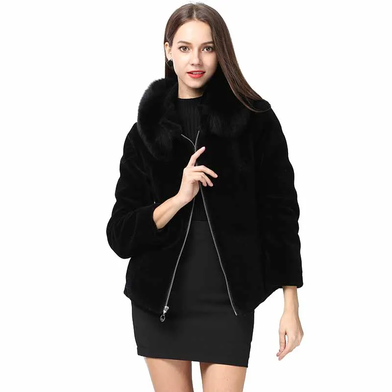 Новинка, черная шуба для стрижки овец, Воротник из лисьего меха, женская зимняя куртка, шуба из натуральной овчины, толстое теплое шерстяное пальто - Цвет: Черный