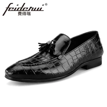 Мужские лоферы из натуральной крокодиловой кожи, с круглым носком, без шнуровки, с кисточками, мужские офисные туфли на плоской подошве ручной работы, увеличивающие рост, BQL58