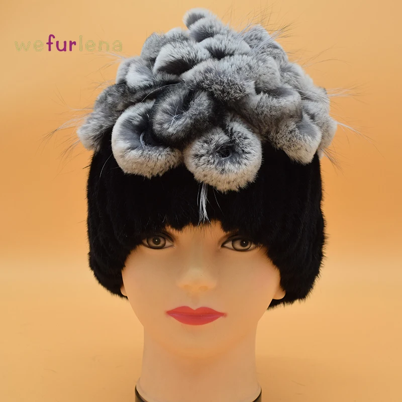 

2018 Women Winter Adult Floral Hat Real Real Fur Hats With Rex Rabbit Fur Flowers Top Knitted Beanies Cap Good Quality Women's