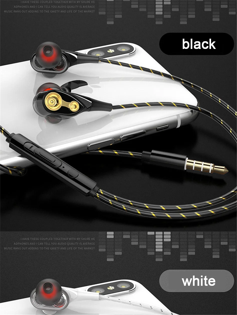 Quad Core Wire Control Earphone 3.5mm In Ear Double Moving Circle Heavy Bass Metal With Mic and Volume Control Public Headphone (12)