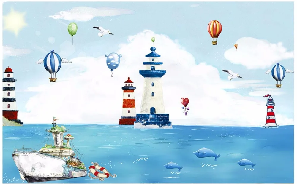 

Custom 3d photo wallpaper 3d wall murals wallpaper Mediterranean lighthouse hot air balloon boat dolphin beach background wall