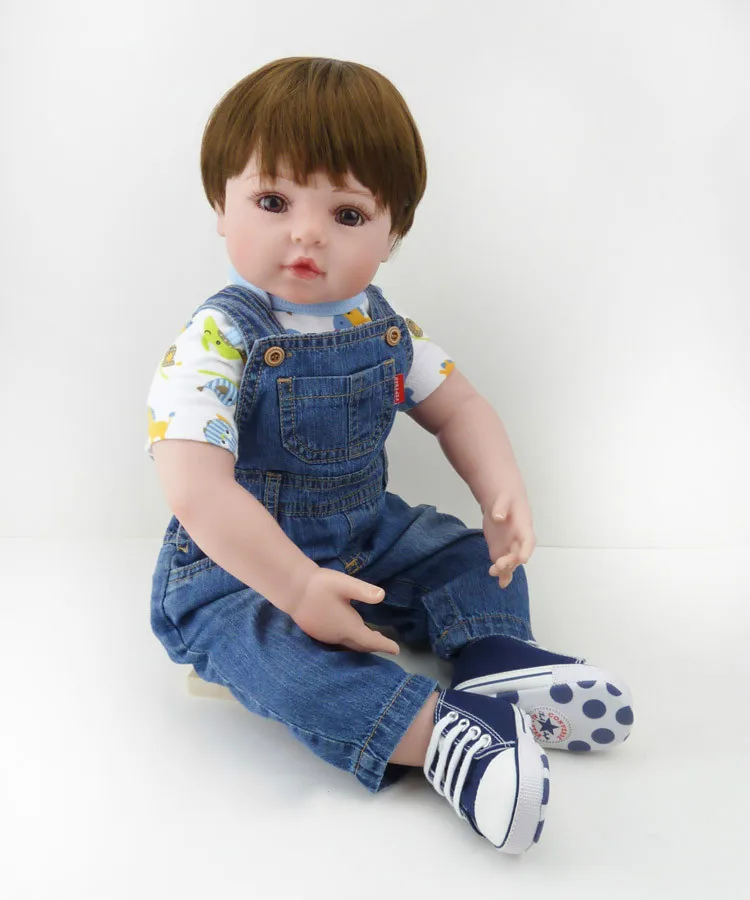 22 Inch  Baby Boy Doll Toy Soft Vinyl Collectible Toddler Reborn Baby Doll In Denim Pants Fashion Doll Gifts for Kids