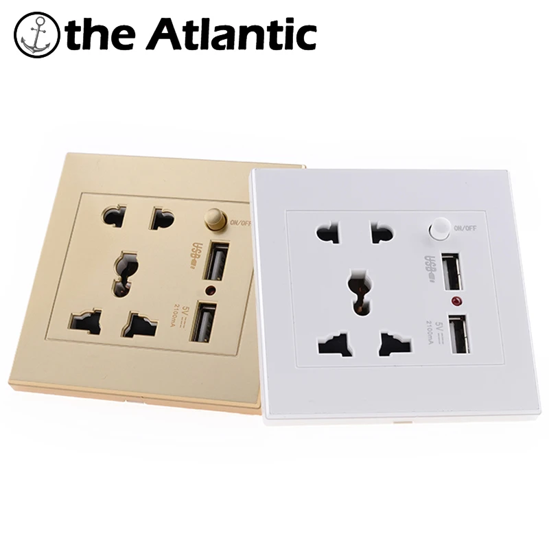 

Atlantic Universal Standard 2.1A USB Wall Socket Home Wall Charger Dual 2 Ports USB Outlet Power Charger For Phone White/Gold