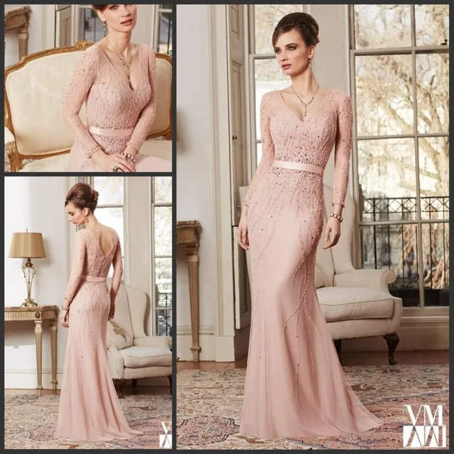 2016 Formal Evening Dresses Long Sleeved Y V Neck Handmade 2016 Formal Evening Dresses Long Sleeved Y V Neck Handmade Beading Crystals Peach Mother Of