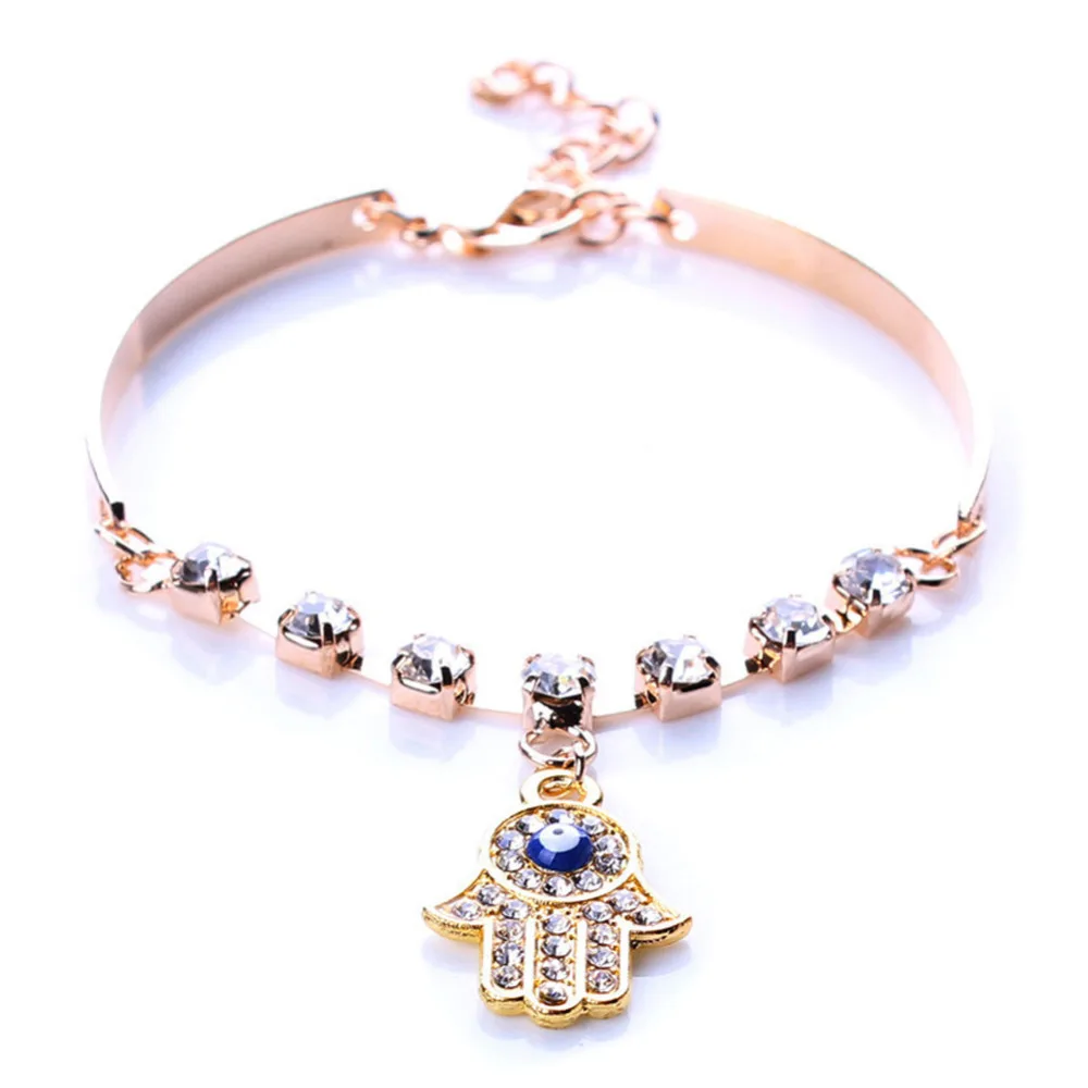 

New Women Fashion Jewelry Hand Of Fatima Bergamot Evil Eye Rhinestone Gold color Bracelet