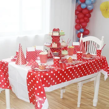 

Red Polka Dot Disposable Tableware Sets Paper Plates Cupacake Stand Plastic Table Cloth Table Centerpieces Event Party Supplies